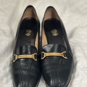 Gucci Vintage 1970s Black Leather Loafers with Gold Braided Accent